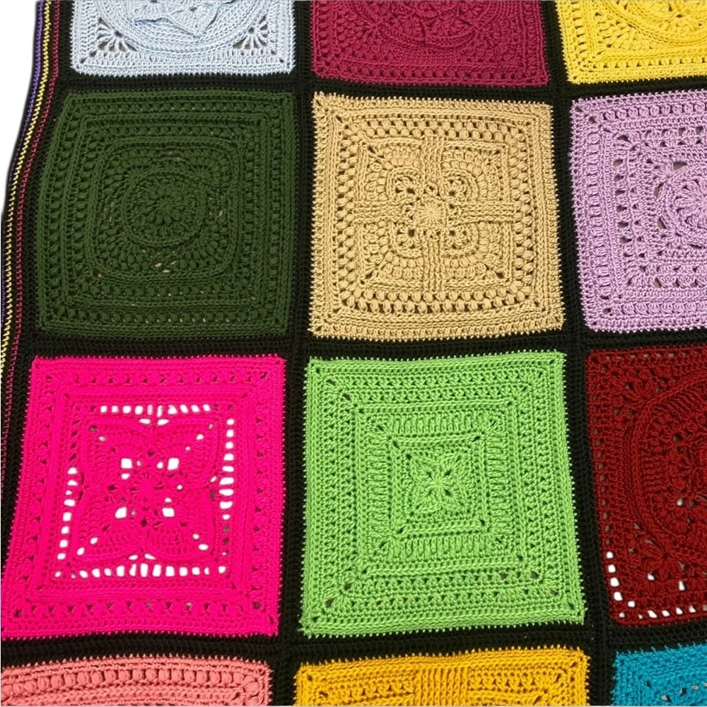 Vintage Granny Afghan Patch Crochet Knit Rainbow Throw Blanket 66” Square